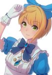  alice_(wonderland) alice_in_wonderland blonde_hair blue_bow blush bow eyebrows_visible_through_hair fukuro_ko_(greentea) gloves green_eyes hairband highres idolmaster idolmaster_cinderella_girls miyamoto_frederica puffy_short_sleeves puffy_sleeves short_hair short_sleeves smile solo upper_body white_gloves 