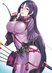  arrow bangs blush bodystocking bodysuit bow_(weapon) breasts commentary_request covered_navel fate/grand_order fate_(series) fingerless_gloves gloves highres holding holding_weapon kyuuso_inukami large_breasts long_hair looking_at_viewer minamoto_no_raikou_(fate/grand_order) open_mouth purple_eyes purple_hair quiver simple_background smile solo very_long_hair weapon 