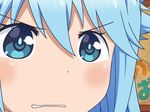  aqua_(konosuba) blue_eyes blue_hair clenched_teeth close-up eyebrows_visible_through_hair face gunuaki gununu kono_subarashii_sekai_ni_shukufuku_wo! parody parted_lips solo teeth 