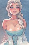  bare_shoulders blue_eyes braid breast_squeeze breasts cleavage collarbone detached_sleeves dress elsa_(frozen) frozen_(disney) hair_over_shoulder highres joel_jurion large_breasts lips long_hair single_braid solo strapless strapless_dress thick_lips traditional_media v_arms watercolor_(medium) white_hair 
