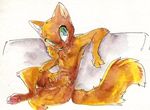  2017 anthro arm_support briskby cat chest_tuft crotch_tuft feline green_eyes leaning_on_elbow looking_at_viewer male mammal nude pawpads reclining simple_background solo traditional_media_(artwork) tuft watercolor_(artwork) white_background 