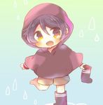 black_hair boot_removed brown_eyes brown_shorts chibi full_body gradient gradient_background kantai_collection kouu_hiyoyo long_sleeves looking_at_viewer mogami_(kantai_collection) open_mouth raincoat short_hair shorts solo standing standing_on_one_leg 