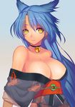  animal_ears bell bell_collar blue_hair blush breasts cleavage collar collarbone dcoagt large_breasts long_hair looking_at_viewer rance_(series) smile solo suzume_(rance) upper_body yellow_eyes 