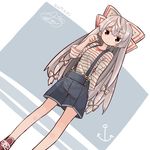  aioi_aoi alternate_costume bangs blue_shorts bow dated dutch_angle fujiwara_no_mokou hair_bow long_hair looking_at_viewer red_eyes red_footwear shirt shoes shorts solo standing striped striped_shirt suspenders touhou very_long_hair white_bow white_hair 