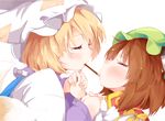  blonde_hair blush brown_hair chen closed_eyes food hat highres holding_hands japa mob_cap multiple_girls pillow_hat pocky pocky_kiss shared_food touhou white_background yakumo_ran 