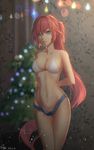  absurdres blue_eyes blush breasts christmas christmas_lights christmas_ornaments christmas_tree cleavage derivative_work highres large_breasts long_hair looking_at_viewer original parted_lips pink_hair ponytail shon smile solo teeth thong very_long_hair 