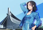  absurdres aoi_bara arm_up black_hair blue_eyes blush building commentary_request highres jacket kotobuki_minako long_sleeves looking_at_viewer outdoors real_life smile solo 