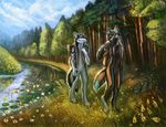  anthro black_fur black_nose canine day detailed_background digitigrade dog duo flashw fur grass husky mammal nude outside river sky smile standing wolf 