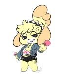  2019 alternate_costume animal_crossing anthro barefoot breasts candy canid canine canis cleavage clothed clothing domestic_dog english_text female food fur holding_object isabelle_(animal_crossing) jacket lollipop looking_at_viewer mammal nintendo pose punk shih_tzu shirt short_stack shorts solo spikes t-shirt text vallycuts video_games yellow_fur 