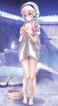  barefoot blush breasts commentary_request full_body headphones highres japanese_clothes kimono large_breasts looking_at_viewer nitroplus onsen pink_eyes pink_hair smile solo sponge super_sonico towel towel_on_head v-mag 