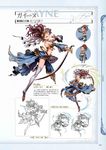  arm_up armlet bare_shoulders barefoot blue_eyes brown_hair chibi concept_art detached_sleeves earrings full_body gayne granblue_fantasy hair_ornament highres holding holding_sword holding_weapon jewelry lineart looking_at_viewer midriff minaba_hideo multiple_views non-web_source official_art scan showgirl_skirt simple_background smile sword thighhighs toeless_legwear weapon white_legwear wide_sleeves 