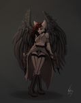  2017 anthro black_feathers black_nose breasts canine clothed clothing feathered_wings feathers female fur grey_fur gun hair holding_object holding_weapon mammal ranged_weapon red_hair smile solo standing under_boob weapon wings wolf wolfirry 