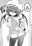  anger_vein bat_wings breasts commentary_request contrapposto greyscale hair_between_eyes hat hat_ribbon lifted_by_self looking_at_viewer mob_cap monochrome mouth_hold nipples noa_(nagareboshi) off_shoulder panties panty_pull pantyhose pantyhose_pull pulled_by_self remilia_scarlet ribbon skirt skirt_lift small_breasts solo spoken_anger_vein standing touhou underwear wings wrist_cuffs 