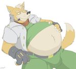  2016 anthro belly big_belly canine canson clothed clothing fox fox_mccloud fur gloves hand_on_stomach headwear jacket lying male mammal navel nintendo orange_fur overweight pants scarf shirt simple_background star_fox video_games white_background white_fur 