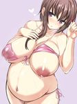  areolae big_belly bikini bikini_lift blush breast_slip breasts brown_hair collarbone commentary_request dark_areolae front-tie_top hagino_chiaki hair_ornament heart heart-shaped_pupils highres hinako_note huge_breasts inverted_nipples lactation lactation_through_clothes large_areolae looking_at_viewer navel nipples parted_lips ponchi pregnant puffy_nipples purple_eyes sagging_breasts see-through side-tie_bikini solo sweat swimsuit swimwear symbol-shaped_pupils white_bikini x_hair_ornament 