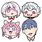  2boys 2girls :d ahoge antennae ascot bangs bkub blue_hair blush blush_stickers bow bowtie cabbie_hat chin commentary constricted_pupils diamond-shaped_pupils dot_nose earrings eyebrows_visible_through_hair eyelashes facial_mark fangs hair_between_eyes hair_ornament hairclip hat highres jewelry kenmochi_touya kuzuha_(nijisanji) multiple_boys multiple_girls nijisanji no_nose open_mouth pink_eyes pink_hair pink_hat pointy_ears portrait purple_eyes red_bow red_eyes red_neckwear shiina_yuika short_hair simple_background smile symbol-shaped_pupils two_side_up ushimi_ichigo v-shaped_eyebrows virtual_youtuber white_background white_hair wing_collar 