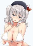  beret bikini blue_eyes blush breasts cleavage clenched_hand collarbone front-tie_top hat kantai_collection kashima_(kantai_collection) large_breasts long_hair looking_at_viewer mitsukazu_(nijigen_complex) navel open_mouth sidelocks silver_hair simple_background solo swimsuit twintails wavy_hair white_bikini 