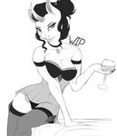  2016 anthro anthrofied bedroom_eyes bra breasts cleavage clothed clothing crossgender equine evehly female friendship_is_magic half-closed_eyes hi_res horn jewelry king_sombra_(mlp) legwear line_art lingerie looking_at_viewer mammal monochrome my_little_pony necklace panties pose seductive simple_background slit_pupils solo stockings thick_bottom_lip underwear unfinished unicorn white_background wine_glass 