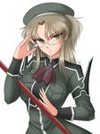  &gt;:( adjusting_eyewear ascot bangs beret breast_pocket breasts closed_mouth commentary_request frown glasses green_eyes grey_hair hat highres imu_(senran_kagura) large_breasts long_hair long_sleeves looking_at_viewer military military_uniform parted_bangs pocket polearm rimless_eyewear satom senran_kagura senran_kagura_shinovi_versus sidelocks solo tsurime uniform upper_body v-shaped_eyebrows weapon 