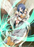  40hara armor bangs blue_eyes blue_hair breastplate company_connection copyright_name dress elbow_gloves eyebrows_visible_through_hair fire_emblem fire_emblem_cipher fire_emblem_echoes:_mou_hitori_no_eiyuuou gloves glowing glowing_weapon headband highres holding holding_weapon horn horseback_riding katua looking_back monster official_art open_mouth pauldrons pegasus pegasus_knight polearm riding short_hair sleeveless thighhighs weapon wings 