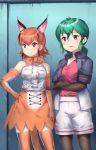  2girls bare_shoulders belt black_hair blue_eyes blush bow bowtie caracal_(kemono_friends) caracal_ears caracal_tail center_frills commentary_request cowboy_shot cross-laced_clothes crossed_arms elbow_gloves eyebrows_visible_through_hair gloves green_hair hair_tie highres jacket kaban_(kemono_friends) kemono_friends legwear_under_shorts light_brown_hair long_hair multicolored_hair multiple_girls no_hat no_headwear pantyhose ponytail short_sleeves shorts sleeveless tadano_magu thighhighs zettai_ryouiki 