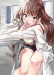  :3 ahoge blue_eyes blush bottle breasts brown_hair chair cleavage ichinose_shiki idolmaster idolmaster_cinderella_girls labcoat long_hair looking_at_viewer medium_breasts miyabi_akino off_shoulder perfume_bottle sitting sketch smile solo strap_slip table tank_top wavy_hair 