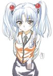  arms_behind_back brown_eyes highres hoshino_ruri kawakami_rokkaku kidou_senkan_nadesico long_hair necktie simple_background skirt solo twintails vest white_background white_hair 