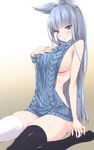  akanagi_youto animal_ears aran_sweater backless_dress backless_outfit bangs bare_back black_legwear blue_eyes blunt_bangs blush breasts dress erune granblue_fantasy highres korwa large_breasts long_hair looking_at_viewer meme_attire naked_sweater sideboob silver_hair sitting sleeveless sleeveless_turtleneck solo sweater sweater_dress thighhighs turtleneck turtleneck_sweater virgin_killer_sweater wariza white_legwear 