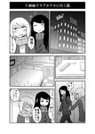  beamed_eighth_notes bed blush comic daidou_ayumu daidou_sayo eighth_note flying_sweatdrops full-face_blush greyscale hair_ornament hairclip highres hotel hotel_room key long_hair mochi_au_lait monochrome multiple_girls musical_note no_nose original scarf short_hair siblings sisters sweatdrop television translated 