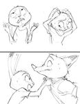  2017 anthro black_and_white canine clothed clothing comic disney duo female fox hi_res judy_hopps lagomorph male mammal monochrome nick_wilde rabbit shirt_grab simple_background sprinkah stressed sweat sweatdrop white_background zootopia 