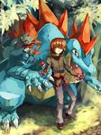  ambiguous_gender brown_hair claws clothed clothing day feral feraligatr grass group hair hi_res human leaf looking_at_viewer male mammal nintendo open_mouth outside plant pok&eacute;ball pok&eacute;dex pok&eacute;mon red_eyes reptile sa-dui scalie silver_(pok&eacute;mon) smile teeth tongue video_games weavile 