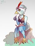  3_toes avian avian_(starbound) blue_background blue_feathers book closed_smile clothed clothing feathers humanoid_hands loose_feather midriff navel pen plant red_feathers scrux shrub simple_background starbound stump toes video_games yellow_eyes 