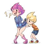  1boy 1girl artist_request assisted_exposure embarrassed hood hood_down hoodie kumatora long_sleeves lucas mother_(game) mother_3 nintendo open_mouth panties pink_footwear pink_hair source_request underwear upskirt white_background 