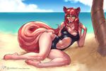  animal_humanoid bbc-chan beach breasts casimira_(orannis0) clothing eyewear female fluffy fluffy_tail glasses humanoid mammal rodent seaside solo squirrel swimsuit wet 