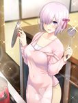  :d apron bangs blurry blush bow collarbone commentary_request cosplay covered_navel covered_nipples cowboy_shot depth_of_field fate/grand_order fate_(series) food hair_bow hair_over_one_eye ladle lavender_hair long_sleeves looking_at_viewer masaoka_misaki mash_kyrielight matou_sakura matou_sakura_(cosplay) open_mouth pink_apron pink_shirt pot purple_bow purple_eyes shirt short_hair smile solo soup soup_ladle sparkle strap_slip table 