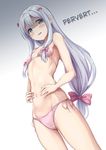 1girl absurdres bangs bikini blue_eyes blush bow breasts cowboy_shot eromanga_sensei gradient gradient_background grey_background grey_hair hair_bow hands_on_own_stomach hard_translated highres hika_(hikara) izumi_sagiri long_hair looking_at_viewer low-tied_long_hair parted_lips pink_bikini pink_bow shaded_face side-tie_bikini small_breasts solo stomach swimsuit tall teeth thighs translated white_background 