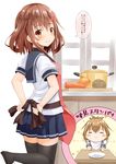  =_= apron black_legwear blue_sailor_collar blue_skirt blush_stickers brown_eyes brown_hair carrot commentary_request fang_out folded_ponytail fujishima_shinnosuke holding holding_spoon ikazuchi_(kantai_collection) inazuma_(kantai_collection) kantai_collection multiple_girls onion pleated_skirt pot potato sailor_collar school_uniform serafuku short_hair short_sleeves skirt smile spoon thighhighs translated 