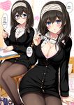  1girl alternate_costume bespectacled black_hair blue_eyes blush breasts cleavage commentary_request glasses glasses_removed hairband hard_translated heart highres idolmaster idolmaster_cinderella_girls jewel_(the_black_canvas) jewelry large_breasts long_hair necklace pantyhose sagisawa_fumika smile solo_focus translated 