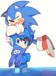  &gt;_&lt; 3boys :0 animal arm_cannon black_hair blue_eyes capcom carrying closed_mouth furry gloves hedgehog helmet inkling male_focus multiple_boys nervous nintendo open_mouth partially_submerged red_footwear robot rockman rockman_(character) rockman_(classic) scared sega shoes short_hair simple_background smile sneakers sonic sonic_the_hedgehog splatoon splatoon_(series) splatoon_1 squid super_smash_bros. super_smash_bros._ultimate water wavy_mouth weapon white_background white_gloves wusagi2 