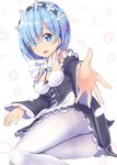  :d apron arm_support ass blue_eyes blue_hair breasts cleavage detached_sleeves dress frilled_dress frilled_sleeves frills gurande_(g-size) hair_ornament hair_over_one_eye highres looking_at_viewer lying maid maid_headdress on_side open_mouth outstretched_arm pantyhose petals re:zero_kara_hajimeru_isekai_seikatsu rem_(re:zero) short_hair small_breasts smile solo underbust white_background white_legwear x_hair_ornament 