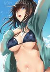  bikini black_hair blue_eyes blush breasts cleavage hairband idolmaster idolmaster_cinderella_girls large_breasts long_hair navel nohito open_mouth sagisawa_fumika sketch solo swimsuit swimsuit_under_clothes 