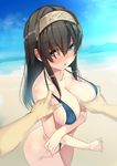  beach bikini black_hair blue_eyes blush breast_grab breasts commentary_request day grabbing groping highres idolmaster idolmaster_cinderella_girls large_breasts long_hair out_of_frame pov pov_hands sagisawa_fumika solo_focus swimsuit yamacchi 