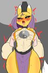  areola badassbaal belt black_nose black_sclera blue_eyes blush breast_fondling breasts canine clothed clothing digimon female fondling fur hand_on_breast hat mammal nipple_bulge nipples open_mouth saliva solo taomon tongue tongue_out white_fur wide_hips yellow_fur 