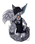  5_fingers alpha_channel anthro arm_markings bandage big_tail black_hair black_nose blue_eyes blue_tongue canine clothed clothing collar donotcry facial_markings female fur hair jay looking_at_viewer mammal markings sassy shirt simple_background slit_pupils solo wraps wrist_wraps 