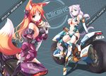  animal_ears armor ass between_breasts bodysuit boots breasts cat_ears cat_tail covered_nipples crepe eating english fatkewell food fox_ears fox_tail green_eyes ground_vehicle highres large_breasts lavender_hair leg_garter motor_vehicle motorcycle multiple_girls necktie necktie_between_breasts orange_hair original purple_eyes rika_eastre sharon_catiey sideboob tail thigh_boots thighhighs underboob white_legwear 