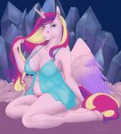  2017 absurd_res anthro anthrofied blue_lipstick clothing equine eyeshadow female friendship_is_magic hi_re hi_res horn kneeling lingerie lipstick looking_at_viewer makeup mammal my_little_pony phathusa pose princess_cadance_(mlp) purple_eyes slightly_chubby solo winged_unicorn wings 