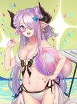  ball beachball bespectacled blue_eyes breasts cleavage collarbone double_bun earrings echj glasses granblue_fantasy hair_over_one_eye hand_on_hip highres holding holding_ball horns jewelry large_breasts long_hair looking_at_viewer nail_polish narmaya_(granblue_fantasy) open_mouth pointy_ears purple_hair purple_nails solo starfish starfish_earrings swimsuit teeth 