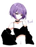  1girl absurdres bangs bare_shoulders black_collar black_jacket breasts camisole character_name collar commentary crop_top eyebrows_visible_through_hair eyelashes head_tilt highres jacket long_sleeves looking_at_viewer midriff navel niconico off_shoulder open_clothes open_jacket purple_eyes purple_hair reol sheya short_hair simple_background small_breasts solo spaghetti_strap stomach symbol_commentary upper_body white_background wide_sleeves 