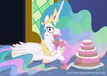  2017 cake crown cutie_mark eating equine feathered_wings feathers female feral food friendship_is_magic hair hi_res horn inside jewelry looking_at_viewer mammal multicolored_hair my_little_pony necklace open_mouth princess_celestia_(mlp) purple_eyes shutterflyeqd solo white_feathers winged_unicorn wings 