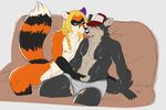  2017 anthro black_fur black_nose blonde_hair blush canine clothing desmond_(ceeb) duo fox fur gloves_(marking) green_eyes grey_fur hair hand_in_pants hat hybrid justyiffmeup licking long_hair male male/male mammal markings nude open_mouth orange_fur panting penis raccoon ryan_(ceeb) sitting smile socks_(marking) tongue tongue_out underwear white_fur wolf 